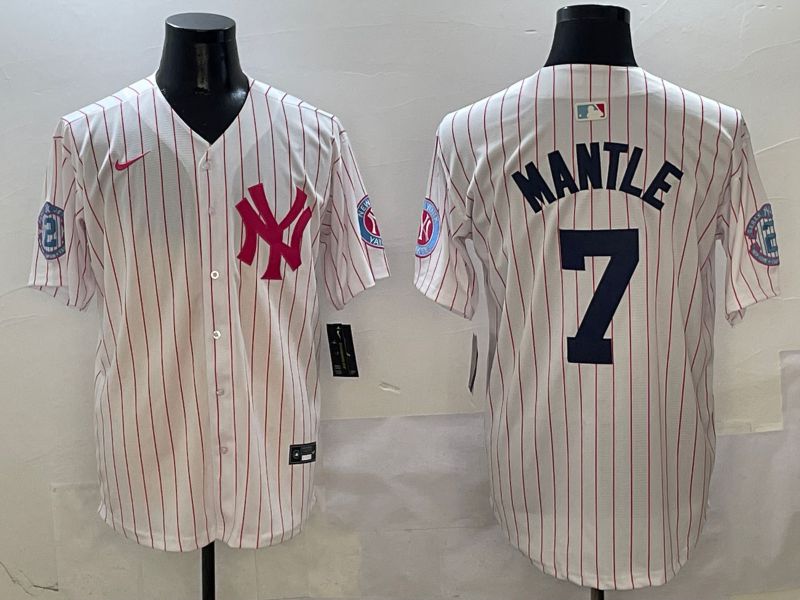 Men New York Yankees #7 Mantle White Stripe Jointly Name Nike 2025 MLB Jersey style 1